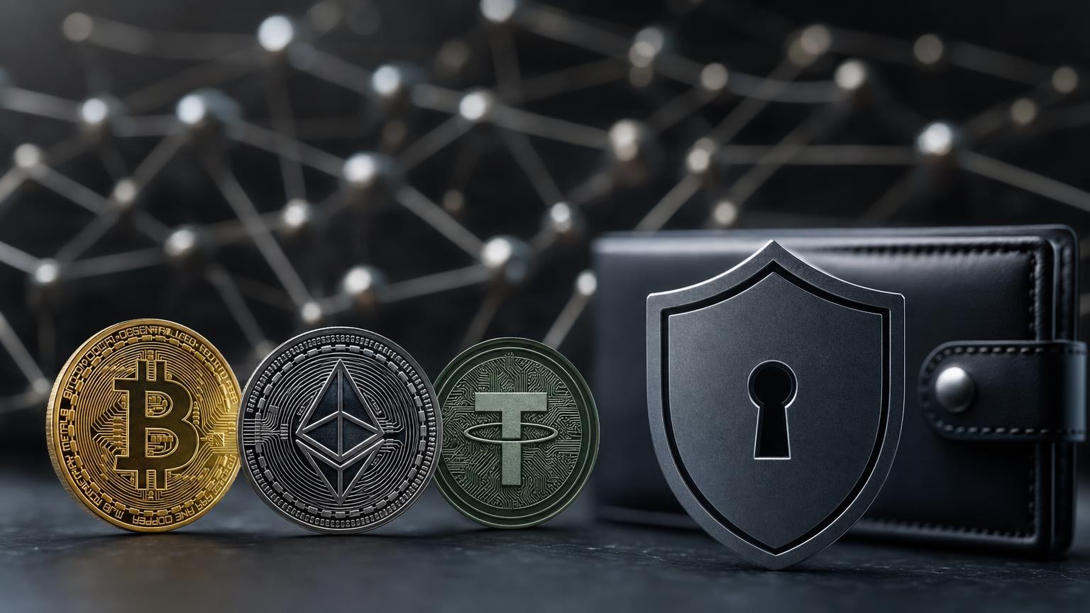 A cryptocurrency user verifies a support message, wallet address and blockchain network before transferring BTC, ETH or USDT